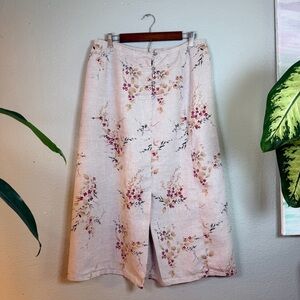 Orvis Linen Natural Tan Asian Cherry Blossom Floral A Line Pleated Midi Skirt M